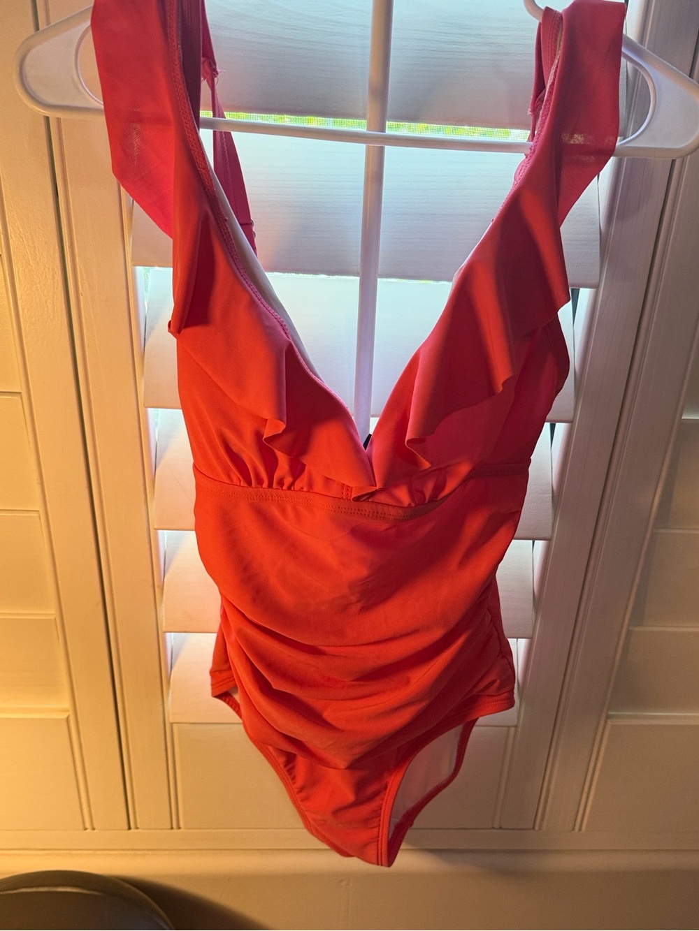 DKNY Coral-Red Ruffle One-Piece Swimsuit - Picture 1 of 4